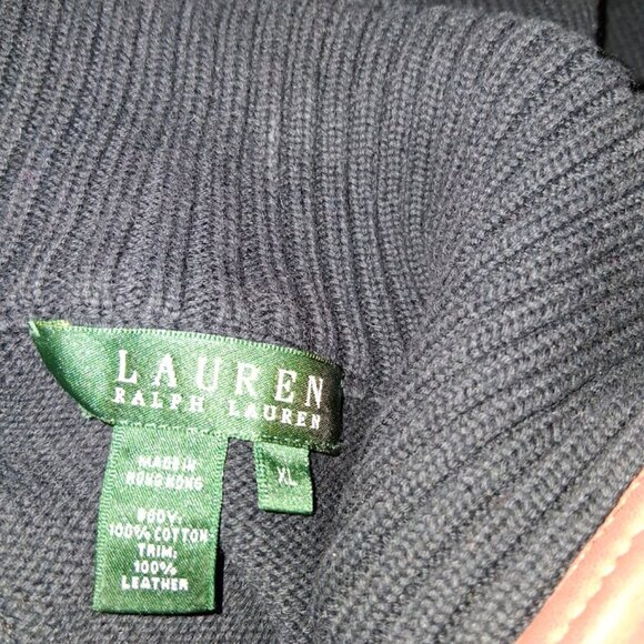 Lauren Ralph Lauren Leather Trim 1/4 Zip Mock Neck Cotton Sweater Sz XL - Picture 4 of 5